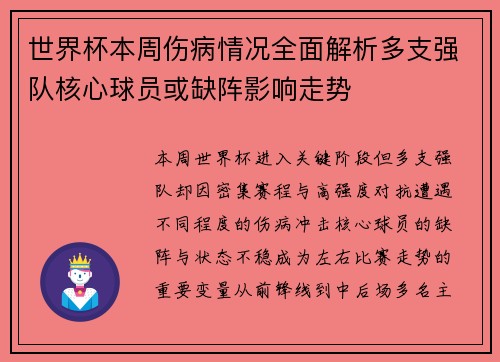 世界杯本周伤病情况全面解析多支强队核心球员或缺阵影响走势